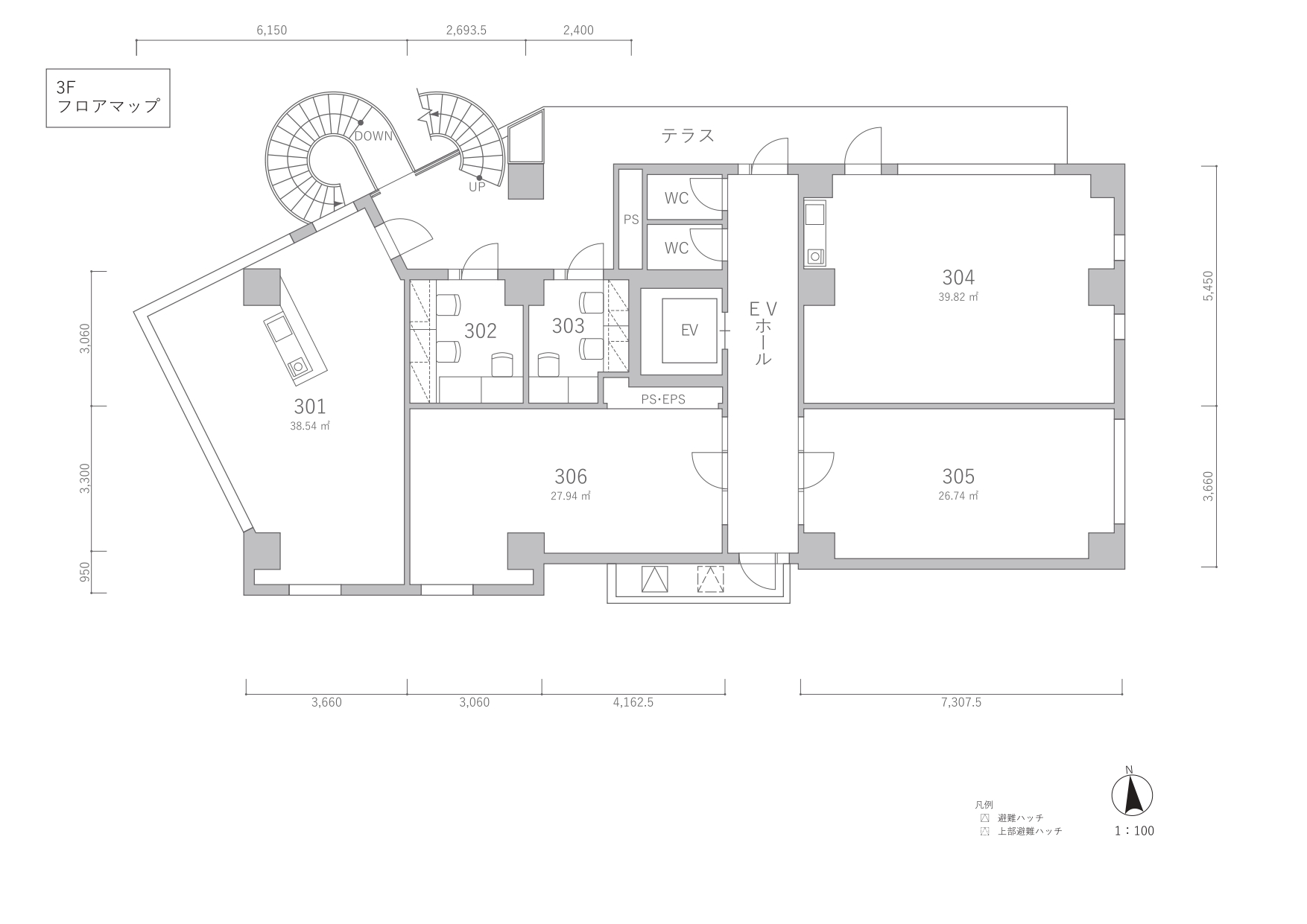 3階のフロアマップ。募集区画は302です。